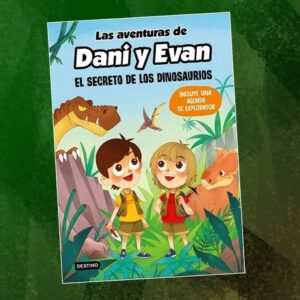 Portada sobre fondo del libro el secreto de los dinosaurios de Dani y Evan