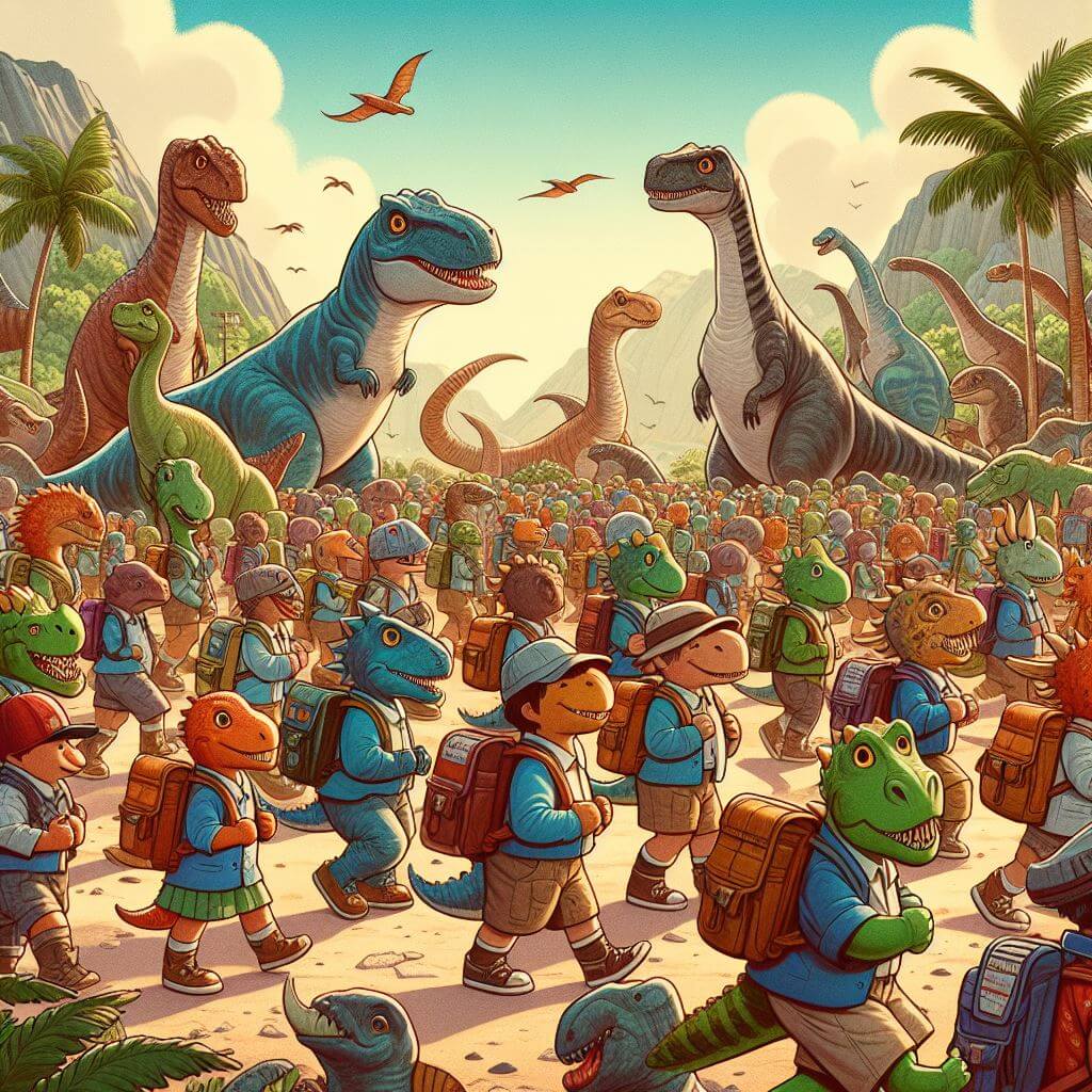 dinosaurios yendo al colegio para la tienda online Dinolocosaurio Rex