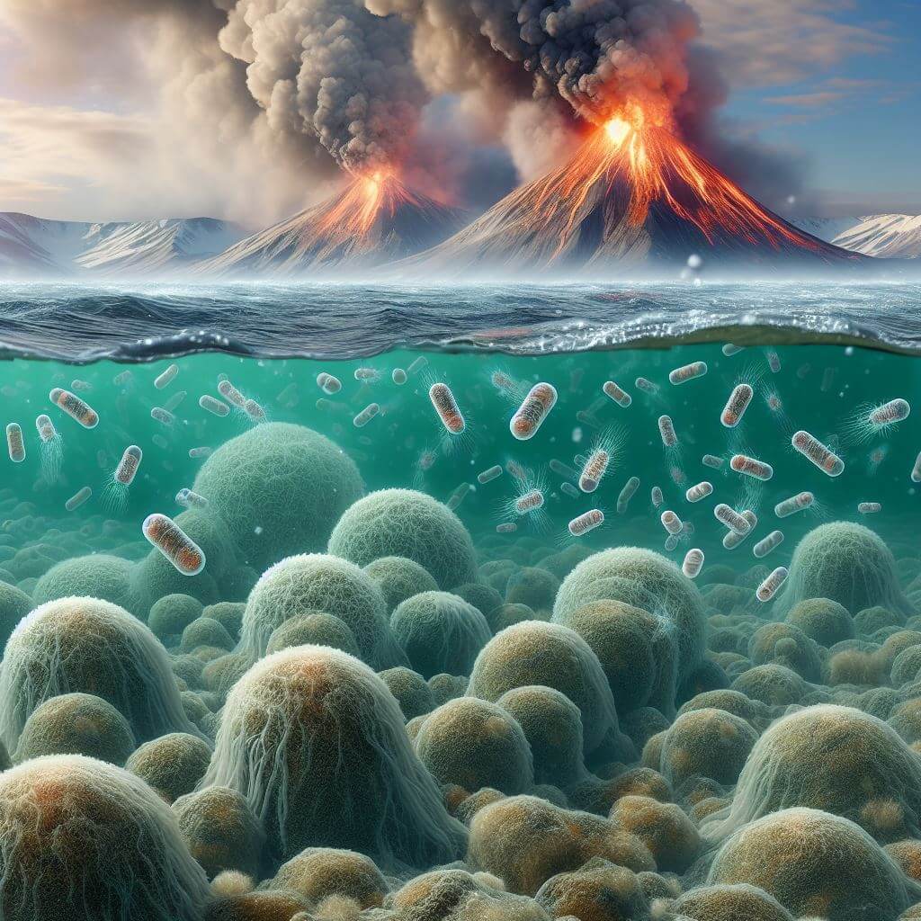 oceano primigenio con cianobacterias y estromatolitos