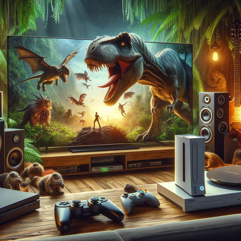 conjunto de accesorios audiovisuales para ver y disfrutar de películas de dinosaurios, videojuegos y documentales en su pantalla