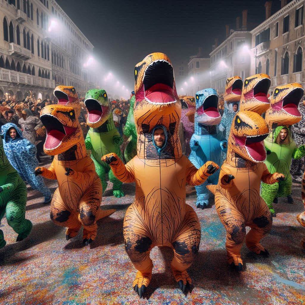 desfile en fiestas de carnavales disfrazados de dinosaurios