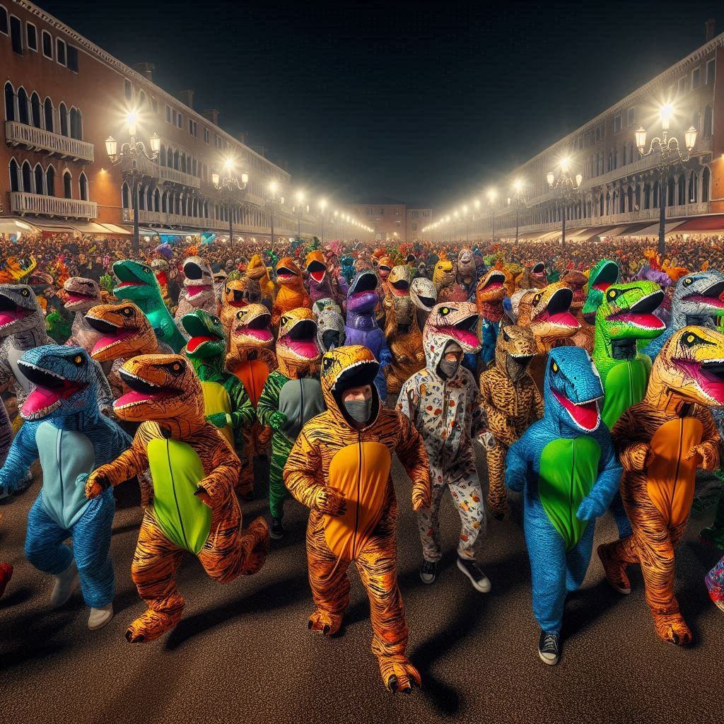 pasacalles de fiestas de carnavales con disfraces de dinosaurios