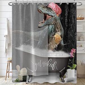 cortina de ducha con t-rex rugiendo en la ducha