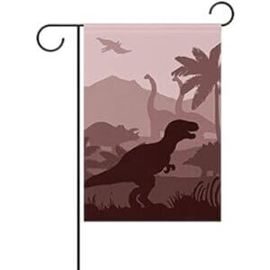 Bandera de jardín de doble cara paisaje natural con siluetas de varios dinosaurios