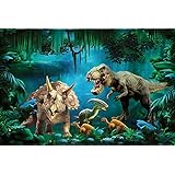 Telon con batalla entre triceratops y t-rex en pantano