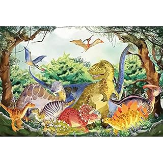 Telón de fondo en bosque prehistorico con multitud de dinosaurios de colores