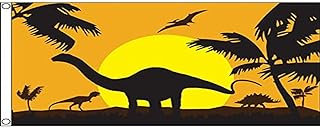 Bandera de atardecer con siluetas de dinosaurios en entorno natural