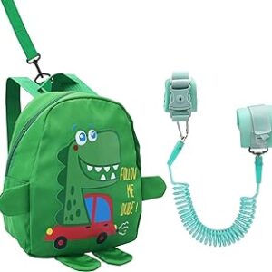 mochila infantil verde con arnés y estampado de dinosaurio