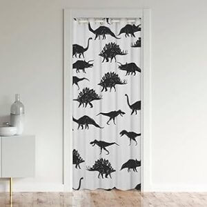 cortina de puerta blanca con patron de dinosaurios negros