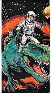 toalla de baño con patron de astronauta montado en un dinosaurio
