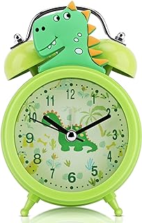 reloj despertador clasico verde con doble campana y motivos de dinosaurios