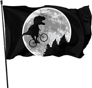 Bandera negra con luna y dinosaurio parodia de E.T.