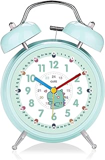 reloj despertador clasico de mesilla con doble campana y fondo con dinosaurio de dibujos