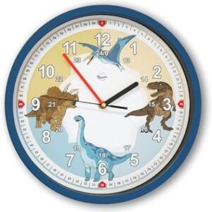 reloj de pared redondo con dinosaurios de dibujos de fondo