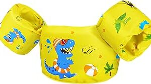 Chaleco de natacion con manguitos amarillo con dinosaurios de dibujos
