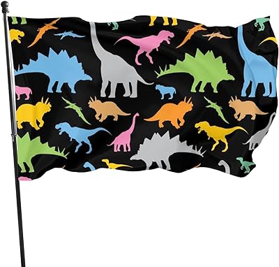 Bandera negra con varios dinosaurios multicolor