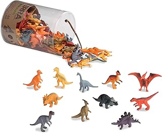 Bote con multitud de figuras de dinosaurios de diversas especies