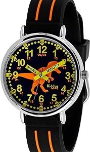 reloj de pulsera analogico con tiranosaurio rex naranja de fondo