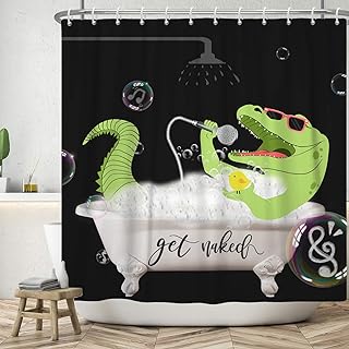 cortina de ducha con dibujo divertido de dinosaurio bañandose