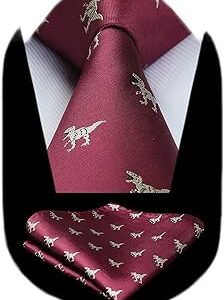 corbata y pañuelo rojo borgoña con motivos dorados de dinosaurios