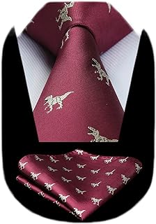 corbata y pañuelo rojo borgoña con motivos dorados de dinosaurios