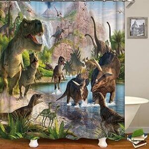 cortinas de baño con llamativo paisaje bucolico con dinosaurios