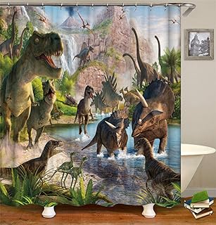 cortinas de baño con llamativo paisaje bucolico con dinosaurios