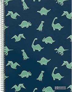 cuaderno azul con diseños de dinosaurios verdes
