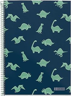 cuaderno azul con diseños de dinosaurios verdes