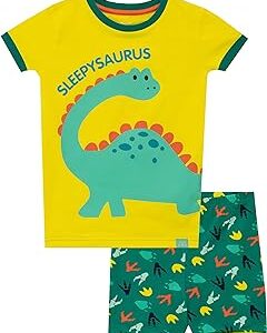 Pijama de manga corta amarillo para niños con dinosaurios