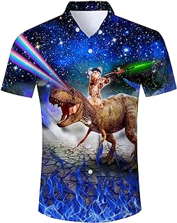 Camisa azul con gato montando un dinosaurios lanzando rayos arcoíris por los ojos