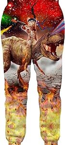 Pantalones de chándal con estampado llamativo de gato a lomos de un dinosaurio