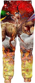 Pantalones de chándal con estampado llamativo de gato a lomos de un dinosaurio