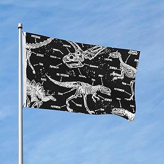 Bandera negra con varios esqueletos y calaveras fosilizadas de dinosaurios