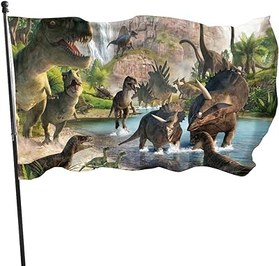 Bandera de entorno prehistorioco bucolico con multitud de dinosaurios