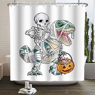 cortina de baño de halloween con esqueleto montando dino momia
