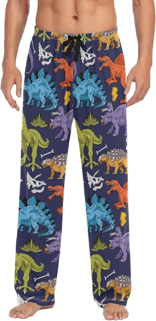 Pantalones morados de pijama con dinosaurios variados