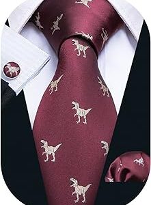 Juego de pañuelo corbata y gemelos rojos de seda con diseño de dinosaurios
