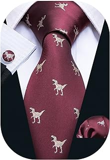 Juego de pañuelo corbata y gemelos rojos de seda con diseño de dinosaurios