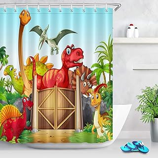 cortina de ducha con simpatico diseño de dinosaurios de dibujos
