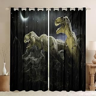 cortinas de dormitorio con estampado de tyrannosaurus rex en la noche