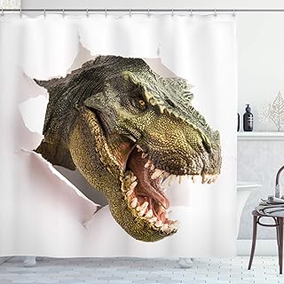 cortina de baño con diseño de t-rex atravesando papel