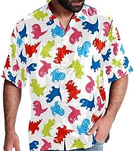 Camisa de manga corta con botones para fiesta de vacaciones en la playa dinosaurio de color