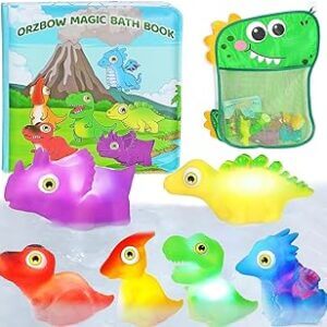 Juego de muñecos, dinosaurios de bañera con luces + libro y bolsa de red