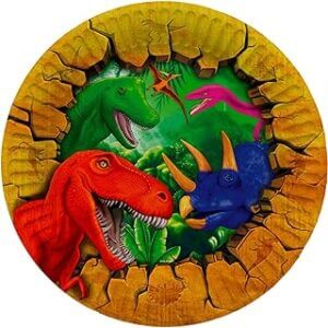 vajilla de papel para cumpleaños con estampado llamativo con dinosaurios de colores