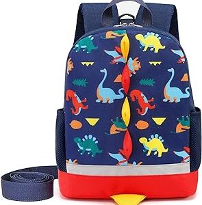mochila azul con dinosaurios multicolor y cresta colorida