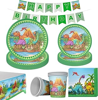 vajilla de cumpleaños de llamativos colores con diseños de dinosaurios de dibujos