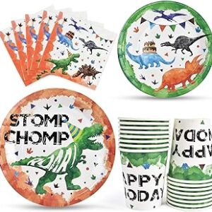 set de platos vasos y servilletas de cumpleaños con motivos de dinosaurios