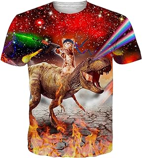 Camiseta de gato montando un dinosaurio lanzando rallos