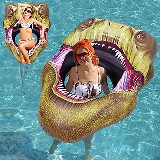 Colchoneta inflable para playa y piscina de cabeza de dinosaurio con orificio en la boca abierta